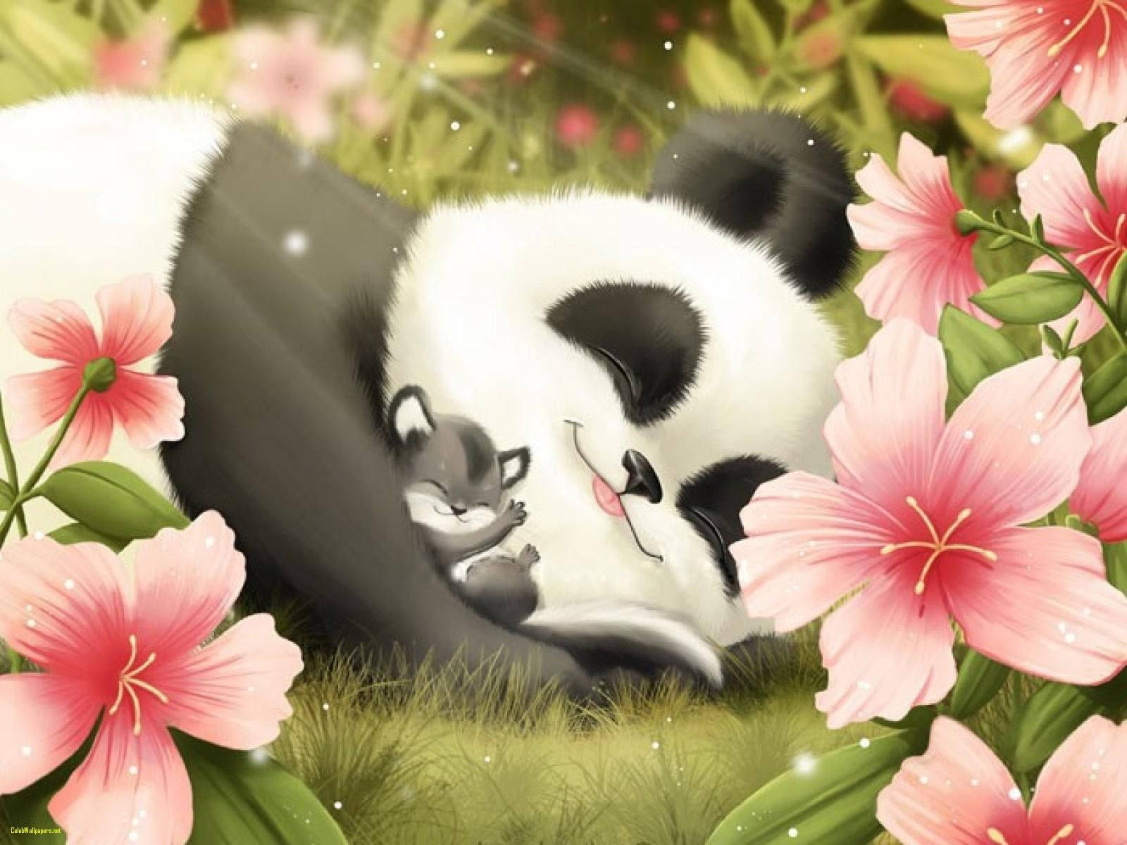 Cute Panda On A Garden Wallpaper
