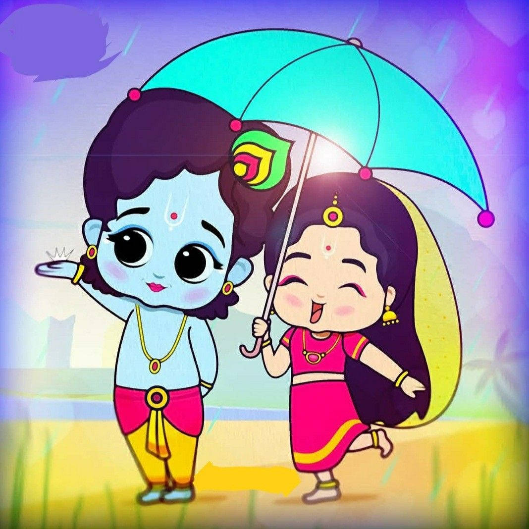 Cute Radha Krishna Blue Umbrella Wallpaper