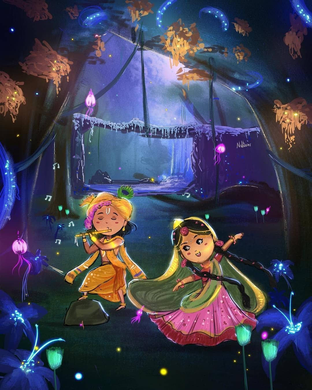 Cute Radha Krishna Forest Art Wallpaper