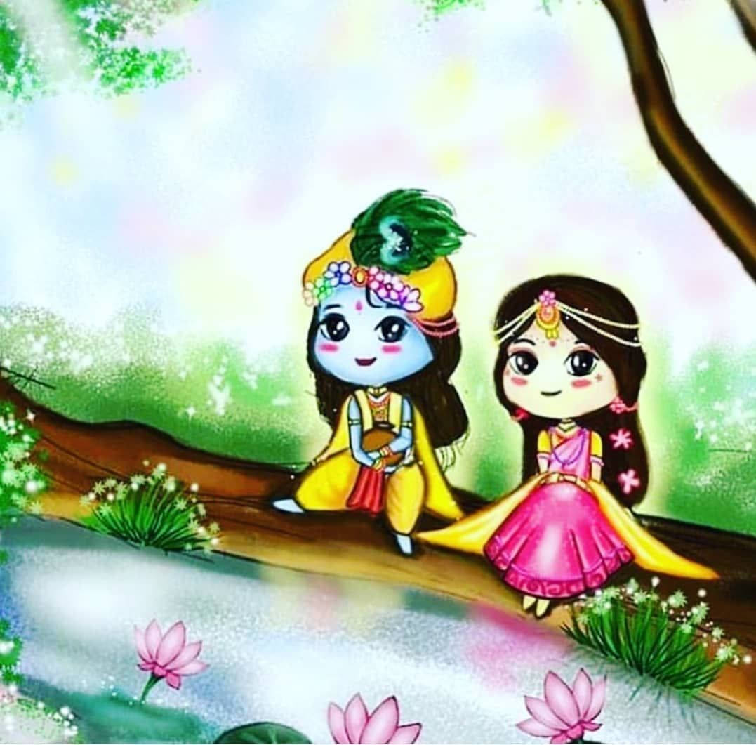 Cute Radha-krishna Tree Art Wallpaper