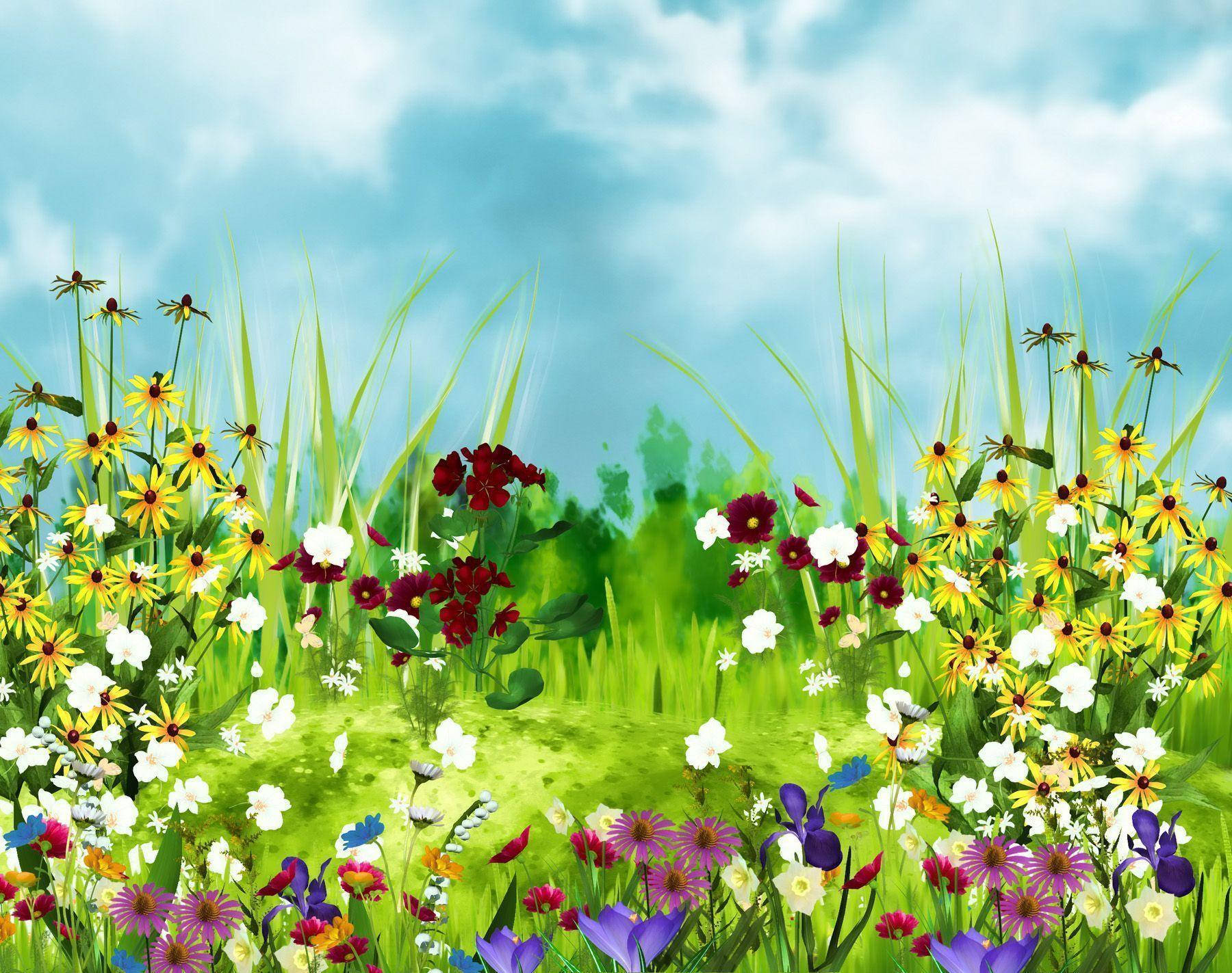 Cute Spring Flower Field Art Wallpaper