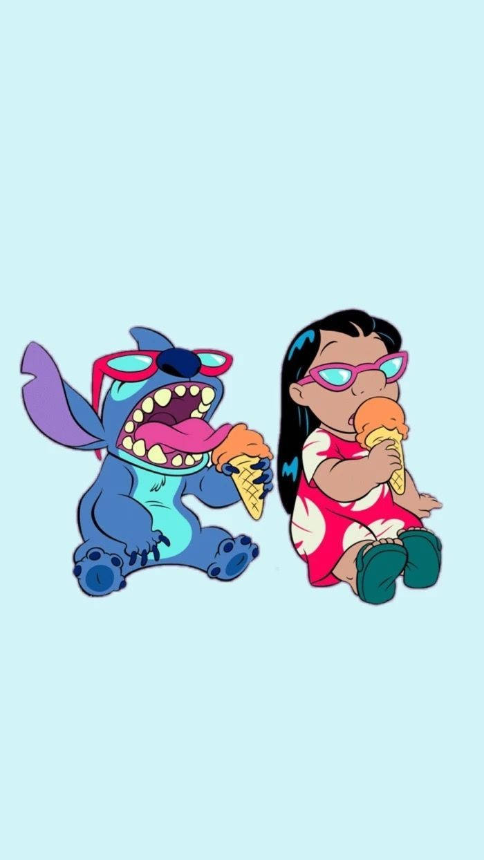 Cute Stitch & Lilo Eating Ice Cream Wallpaper