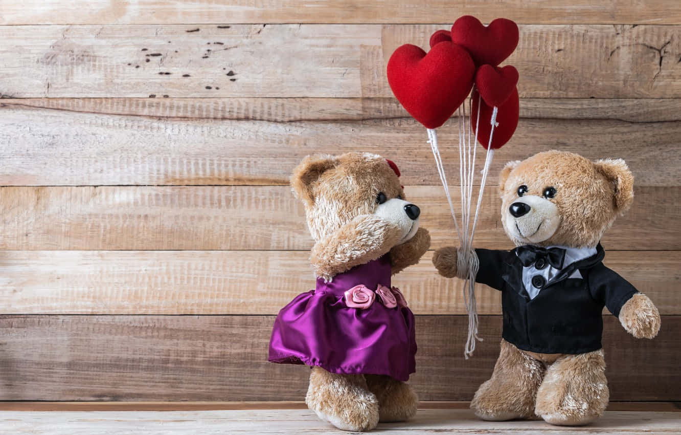 Cute Valentines Day Teddy Bears With Red Heart Balloons Wallpaper