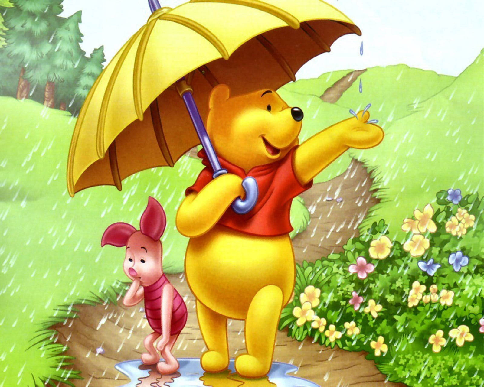 Cute Winnie The Pooh With Umbrella Wallpaper