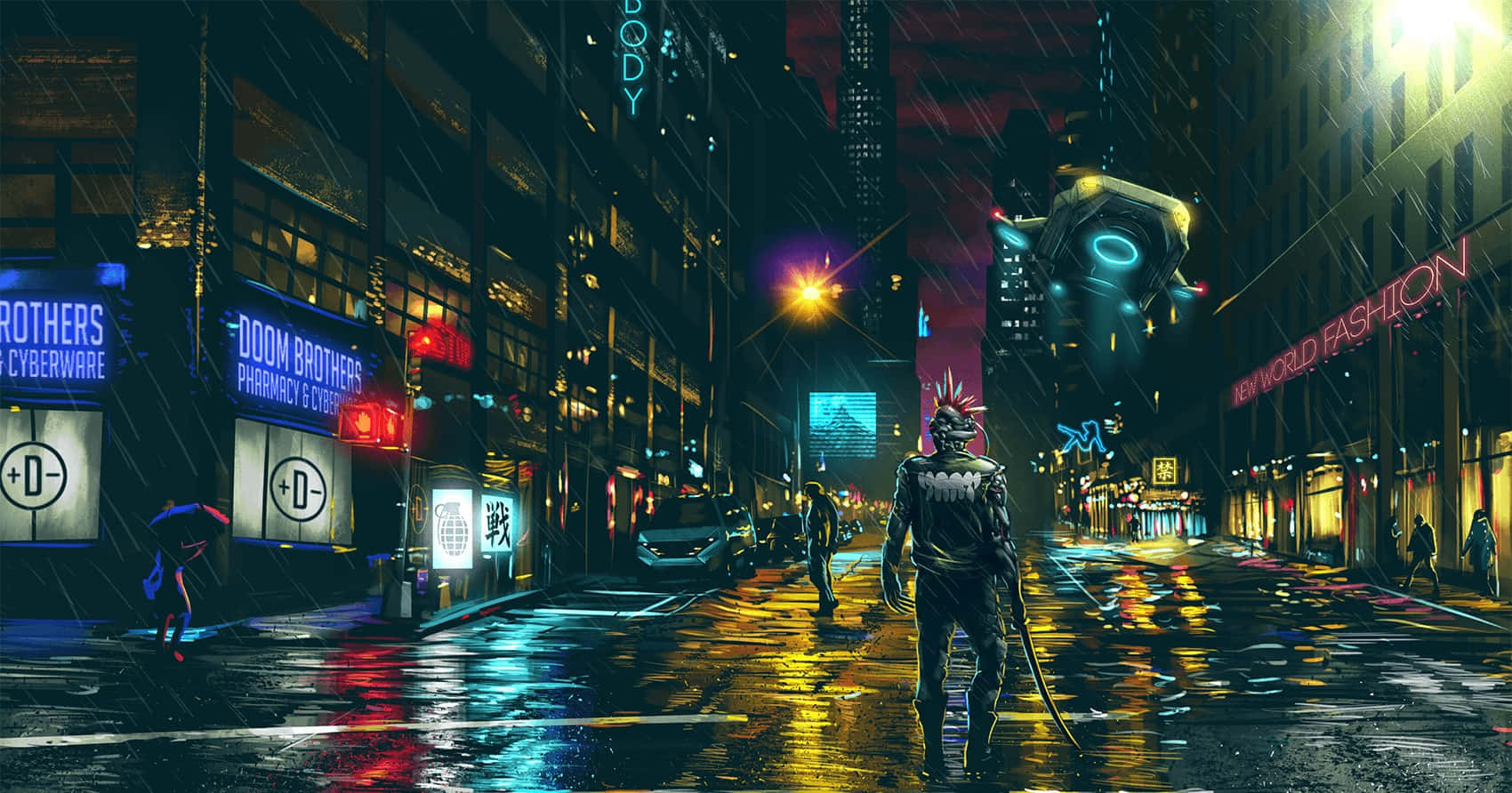 Cyberpunk Laptop With Criminals Roaming Wallpaper