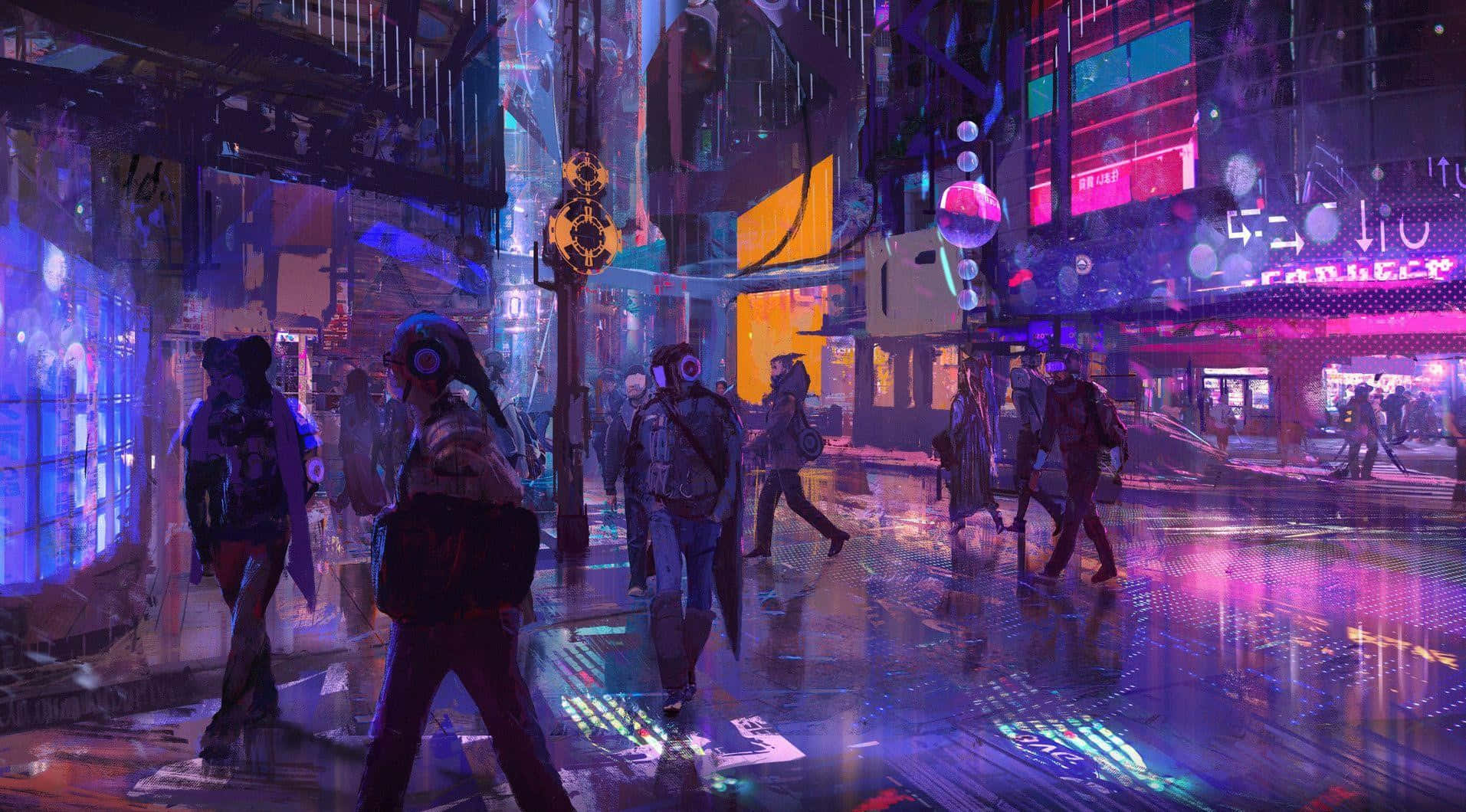 Cyberpunk Laptop With People Crossing Street Wallpaper