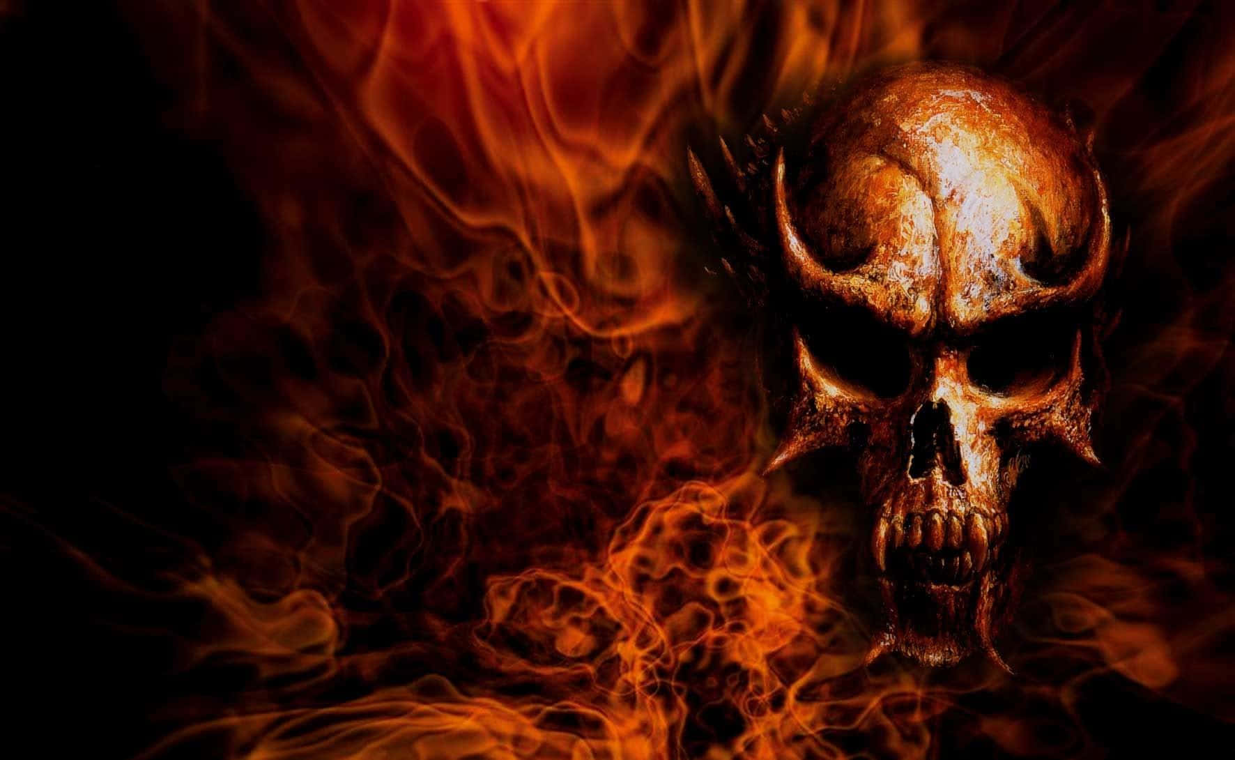 Dare To Take The Path Into The Unknown With The Flaming Skull Wallpaper