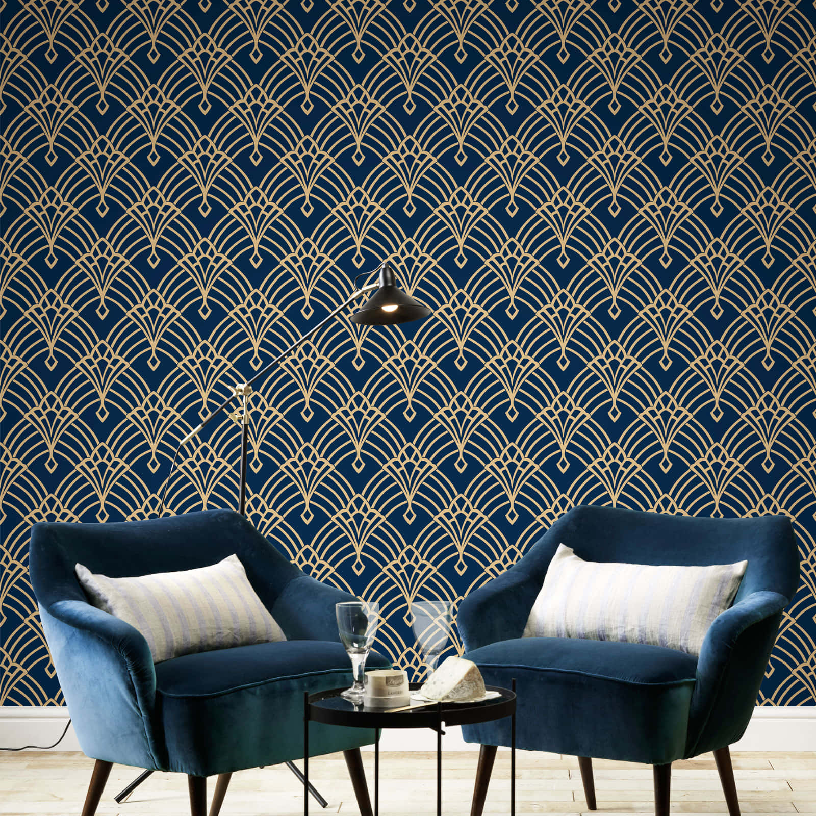 Dark Blue Wingback Velvet Chairs Wallpaper