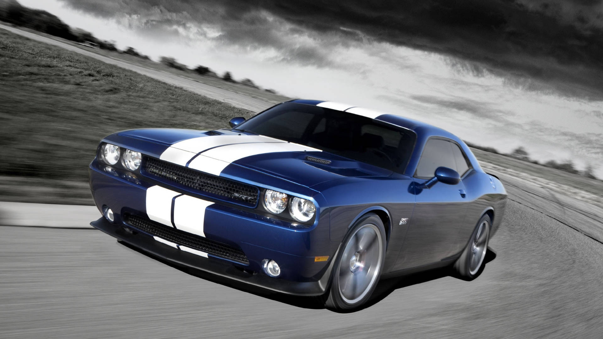 Dark Clouds Above Blue Dodge Challenger Wallpaper