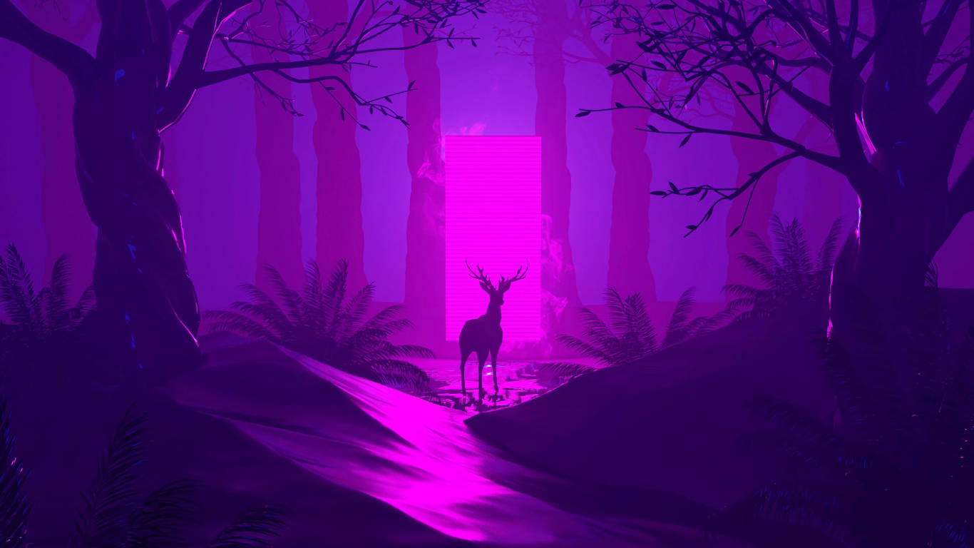 Deer In Dark Purple Forest Wallpaper