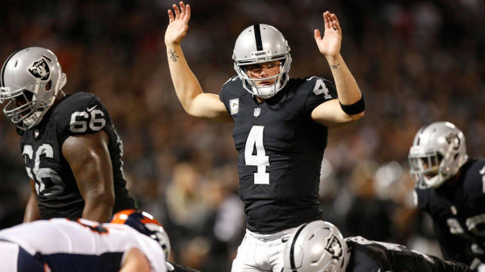Derek Carr With His Arms In The Air Wallpaper