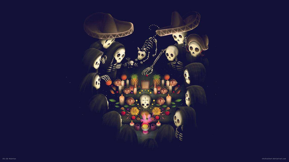 Dia De Los Muertos Skulls Skeletons Gathering Wallpaper
