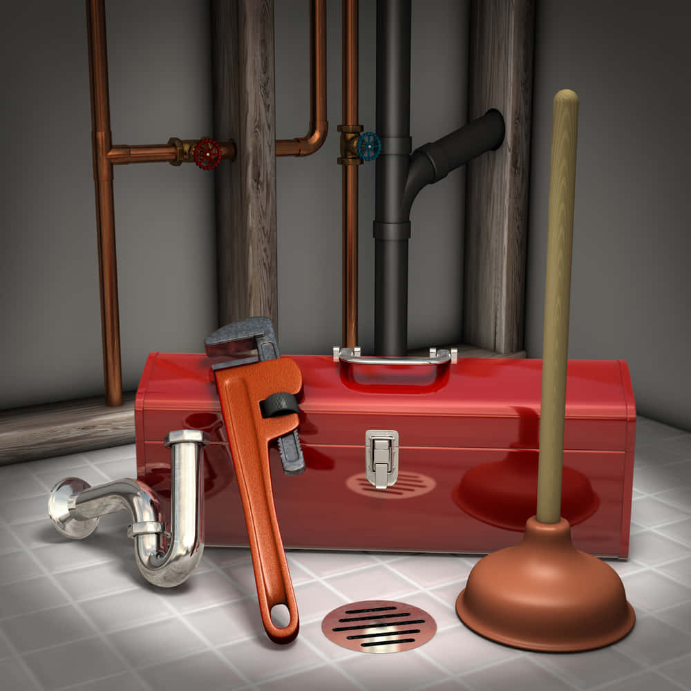 Digitally Rendered Plumbing Service Tools And Pipes Wallpaper