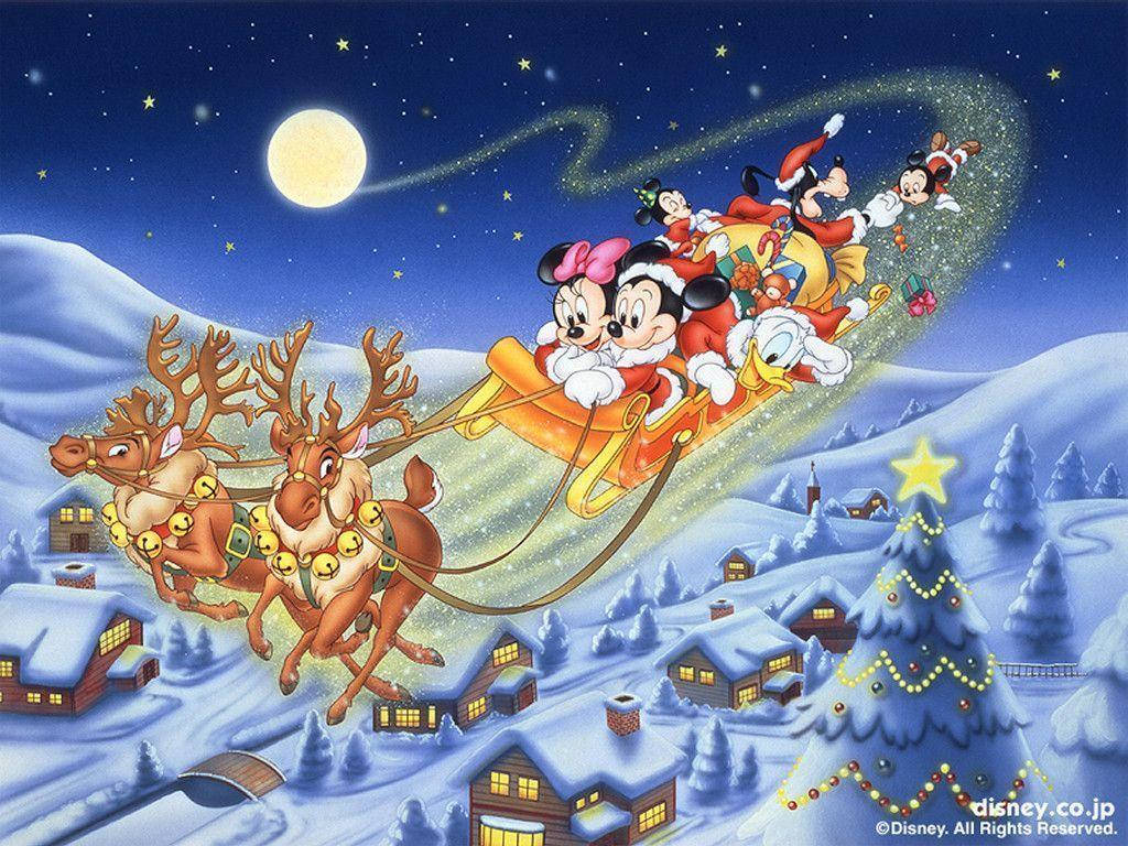 Disney Christmas Mickey In Sleigh Wallpaper