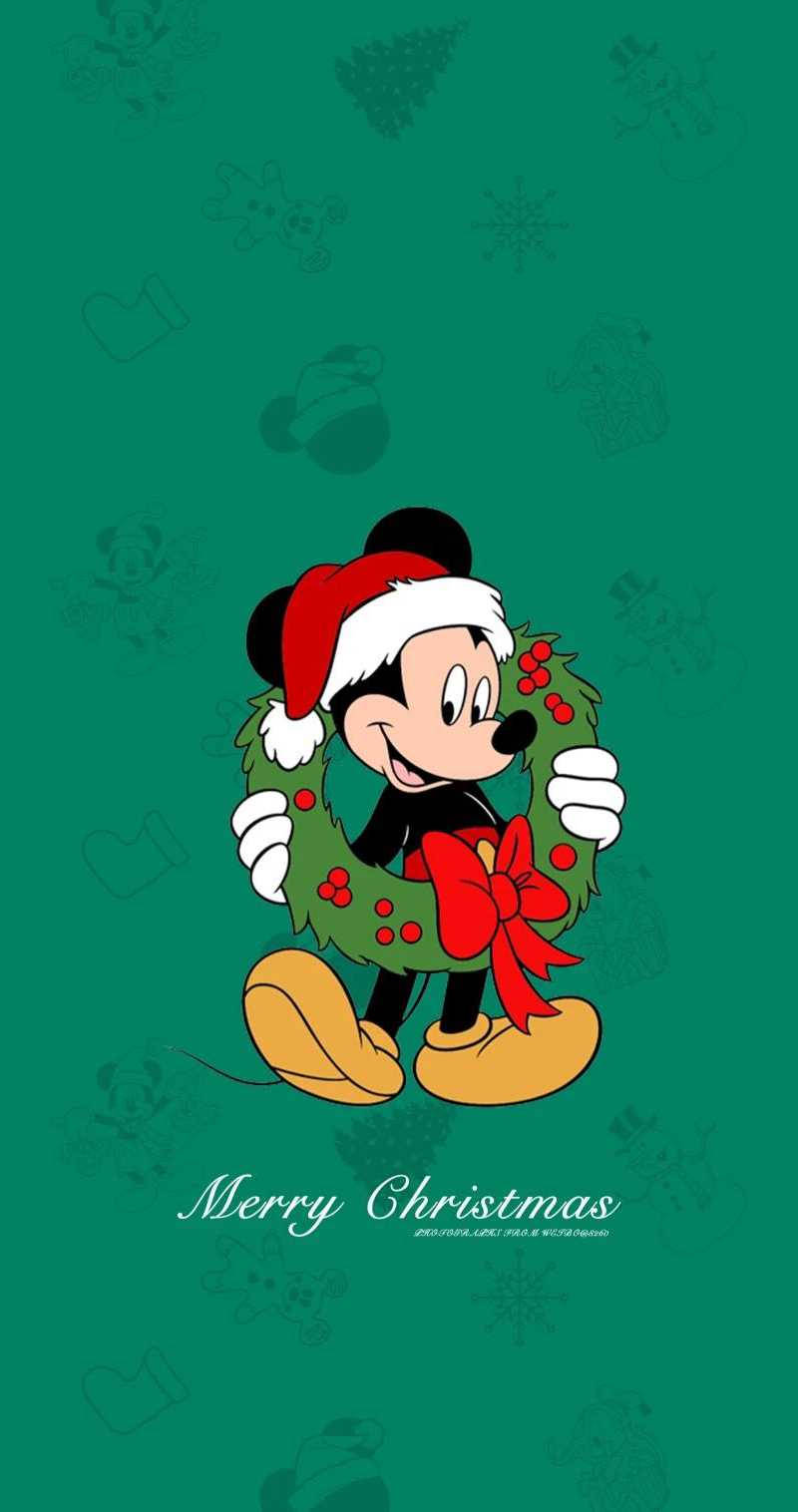 Disney Christmas Mickey With Wreath Wallpaper