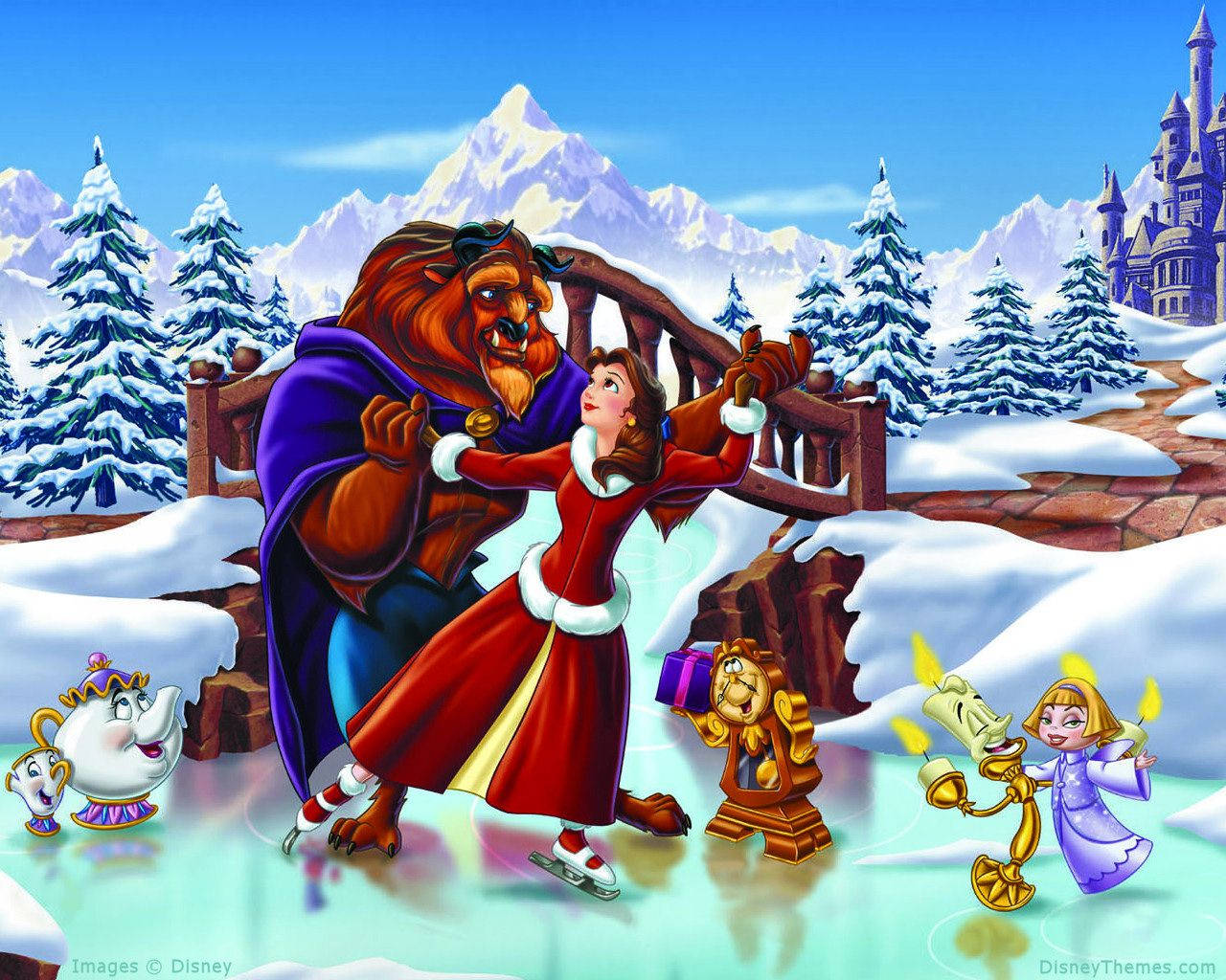 Disney Christmas With Beast And Belle Wallpaper