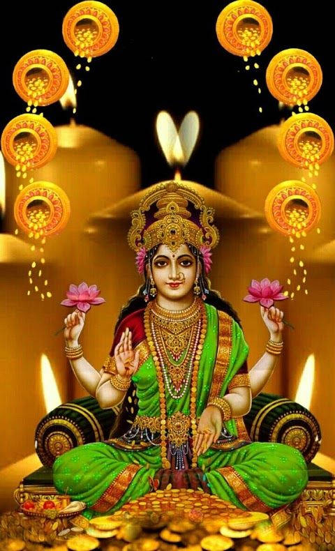 Divine Blessings: Goddess Lakshmi Surrounded By Golden Jars. Wallpaper