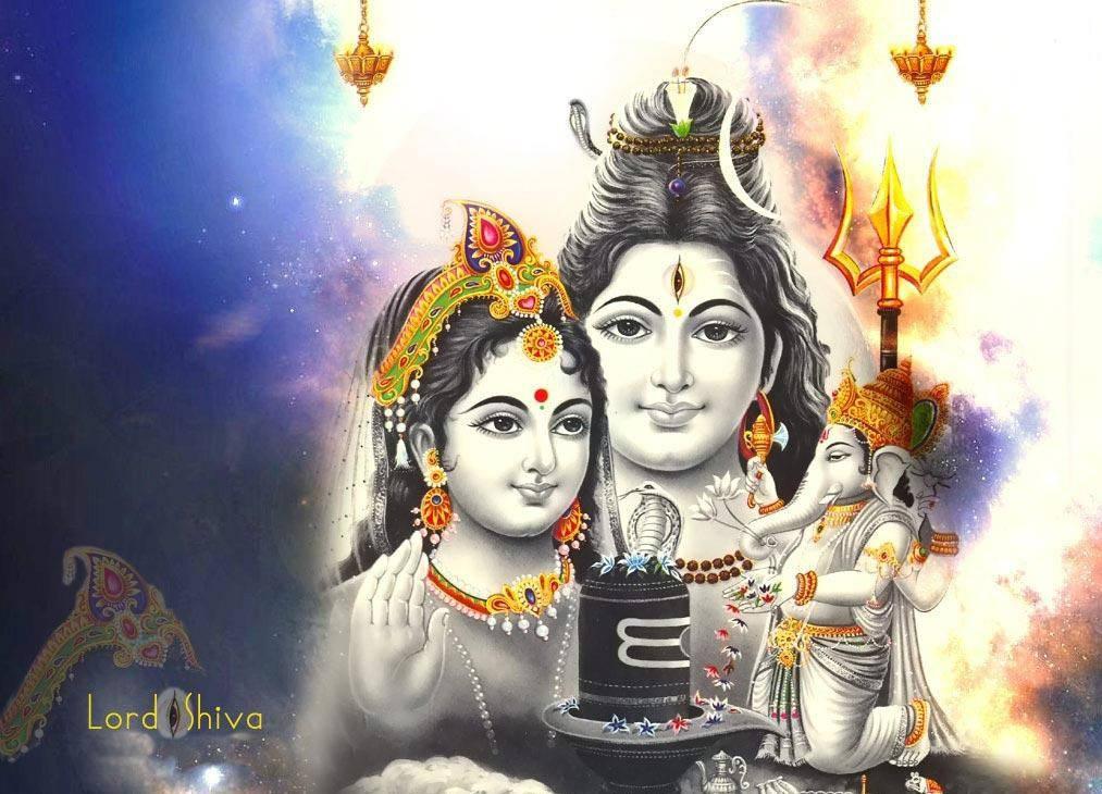 Divine Display: Shiva Parivar In A Mystic Blue Backdrop Wallpaper