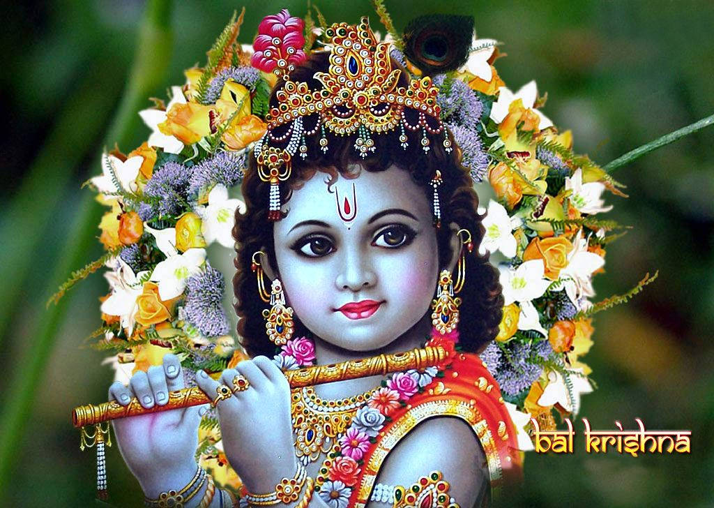Divine Grace - Bal Krishna Adorned With Flower Wreath Wallpaper