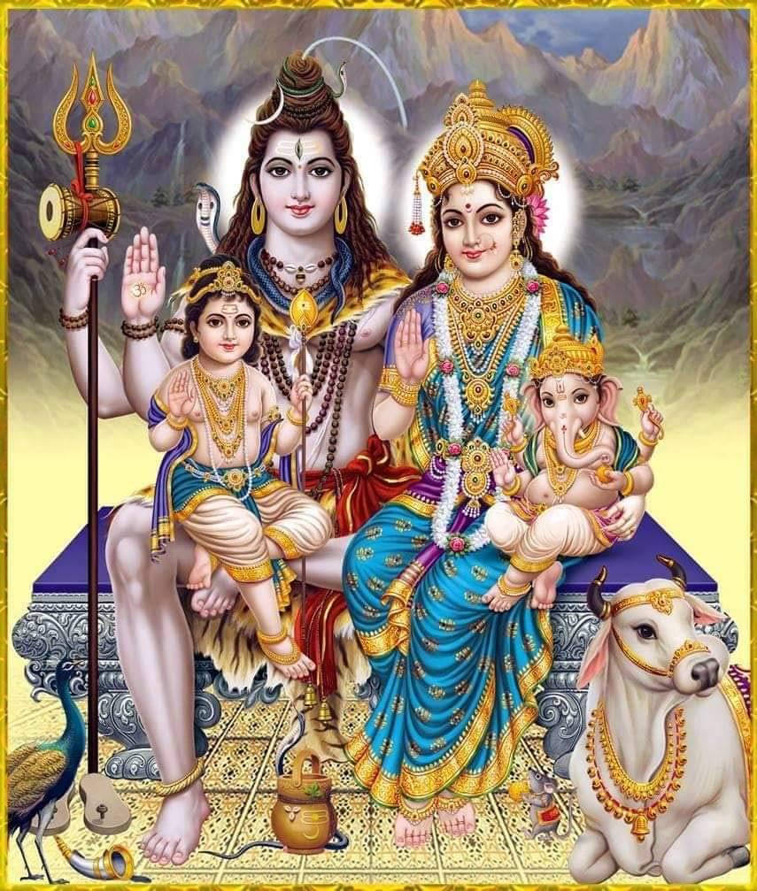 Divine Grace: The Shiv Parivar Including Lord Shiva, Goddess Parvati, Lord Ganesha, And Lord Kartikeya Wallpaper