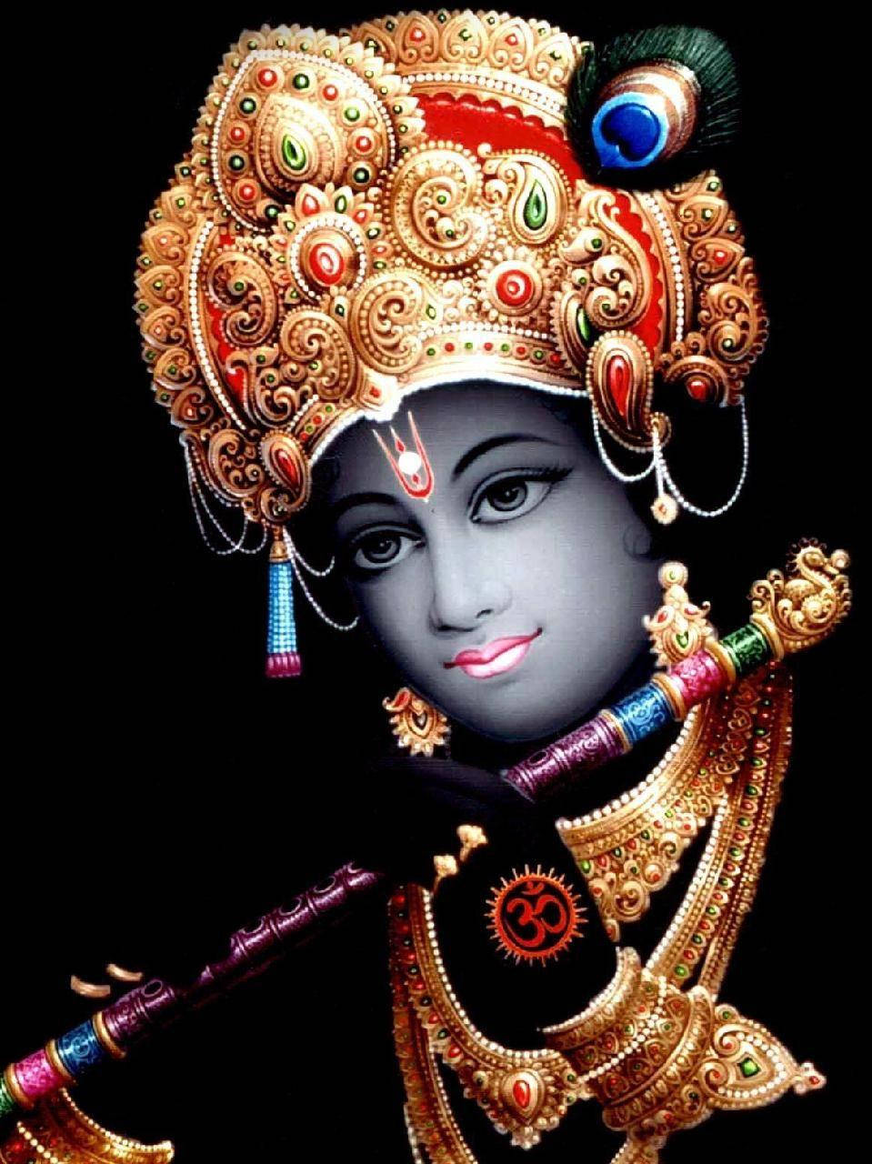 Divine Krishna With Golden Trinkets Phone Wallpaper Wallpaper