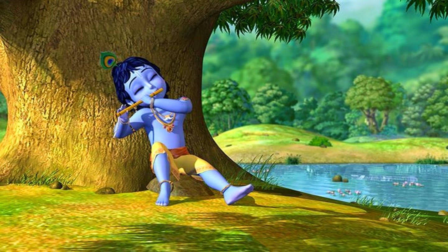 Divine Little Krishna Playing Flute Under A Tree Wallpaper