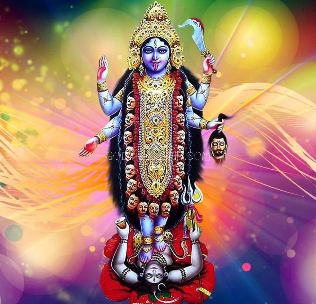 Divine Maa Kali Dancing On Lord Shiva - A Rainbow Aesthetic Wallpaper