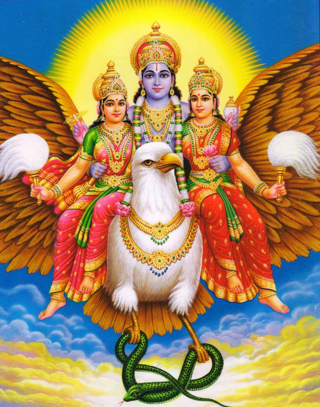 Divine Portrayal Of Lord Vishnu And His Consorts In High Definition Wallpaper