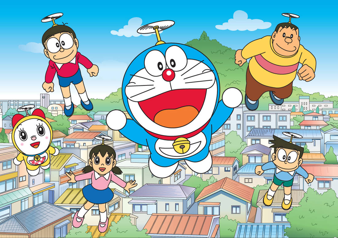 Doraemon Flying With His Friends 4k Wallpaper