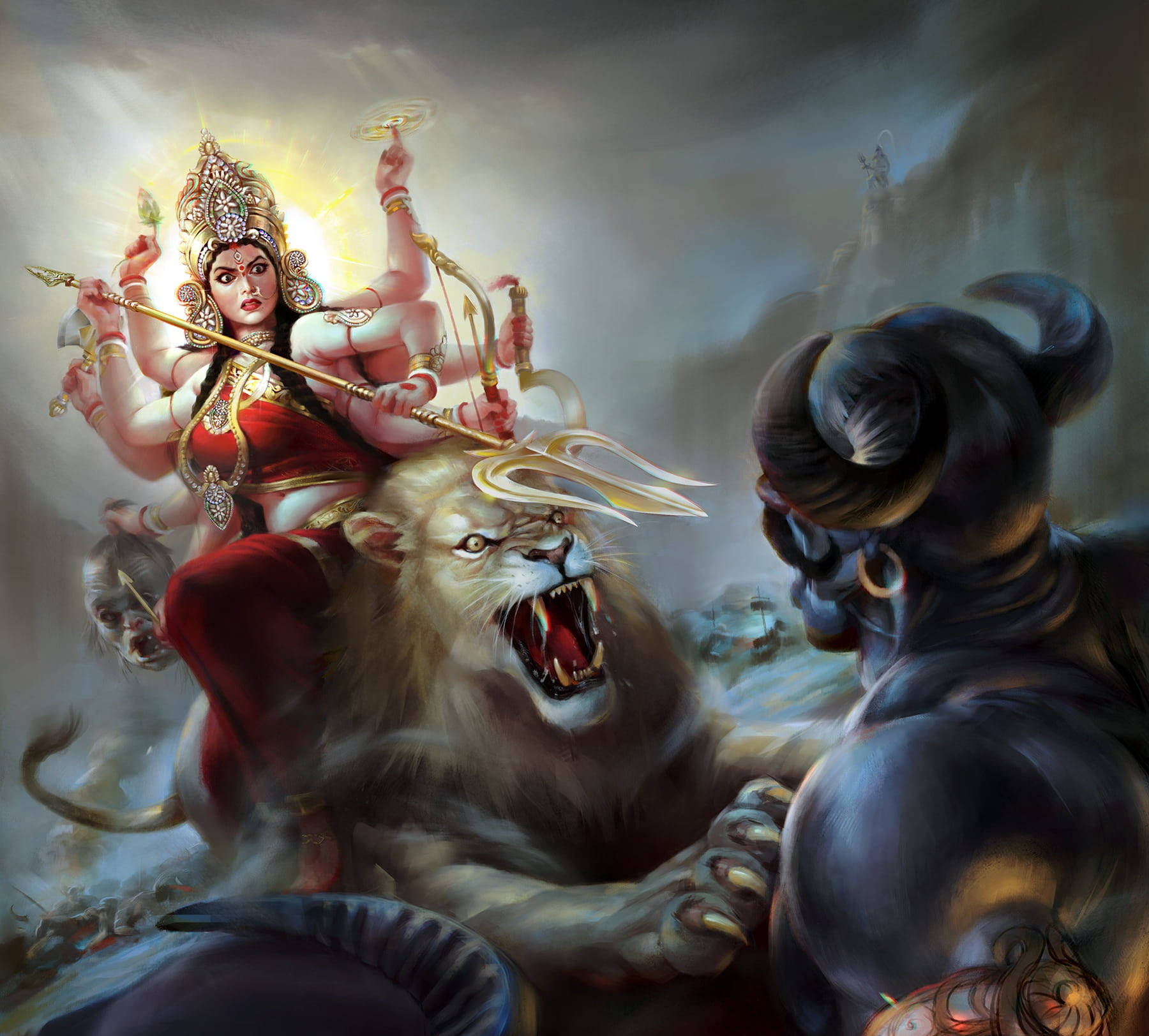 Durga Devi And Dawon Defeating Mahishasura Wallpaper