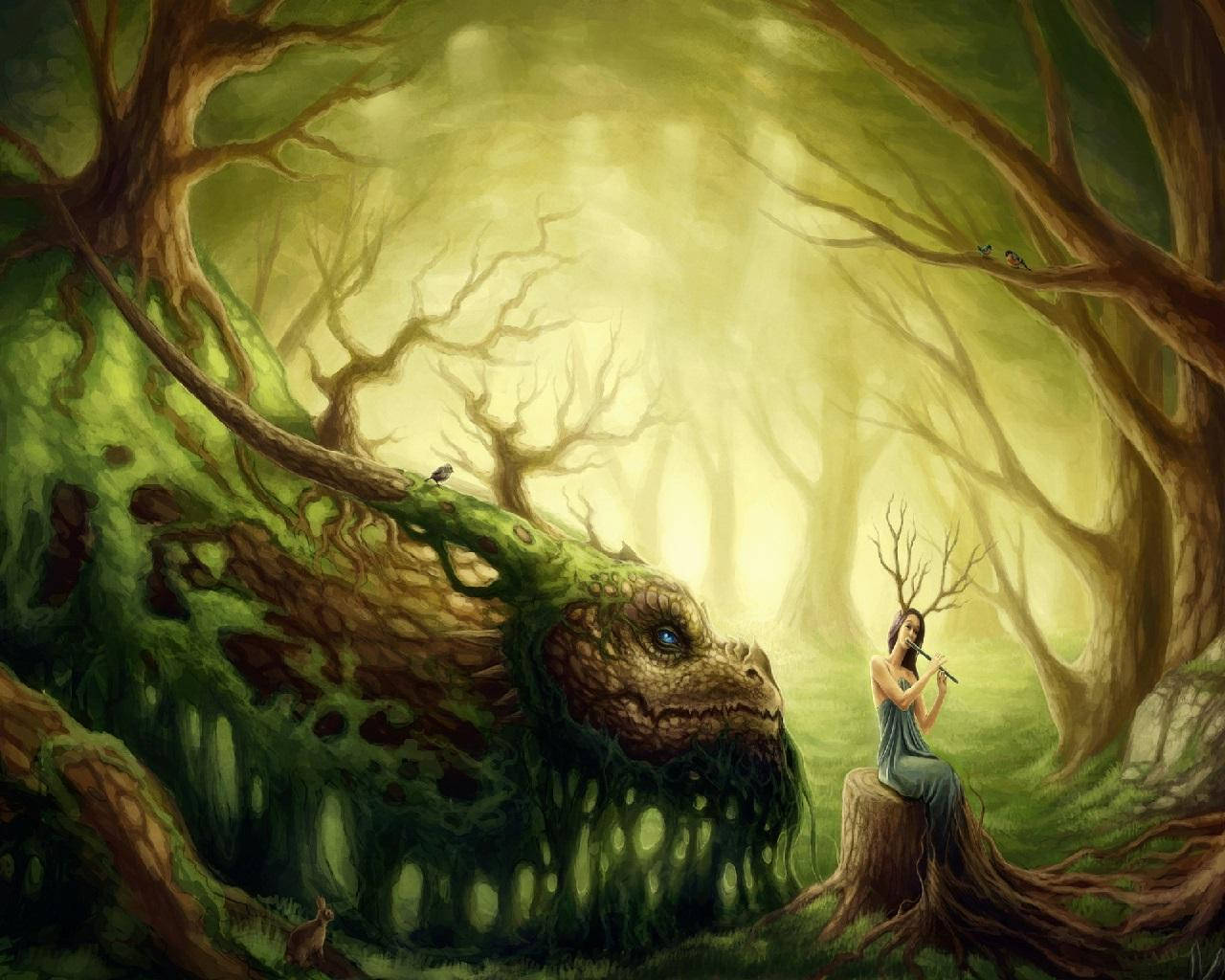 Earth Dragon Tree With Musician Fairy Wallpaper