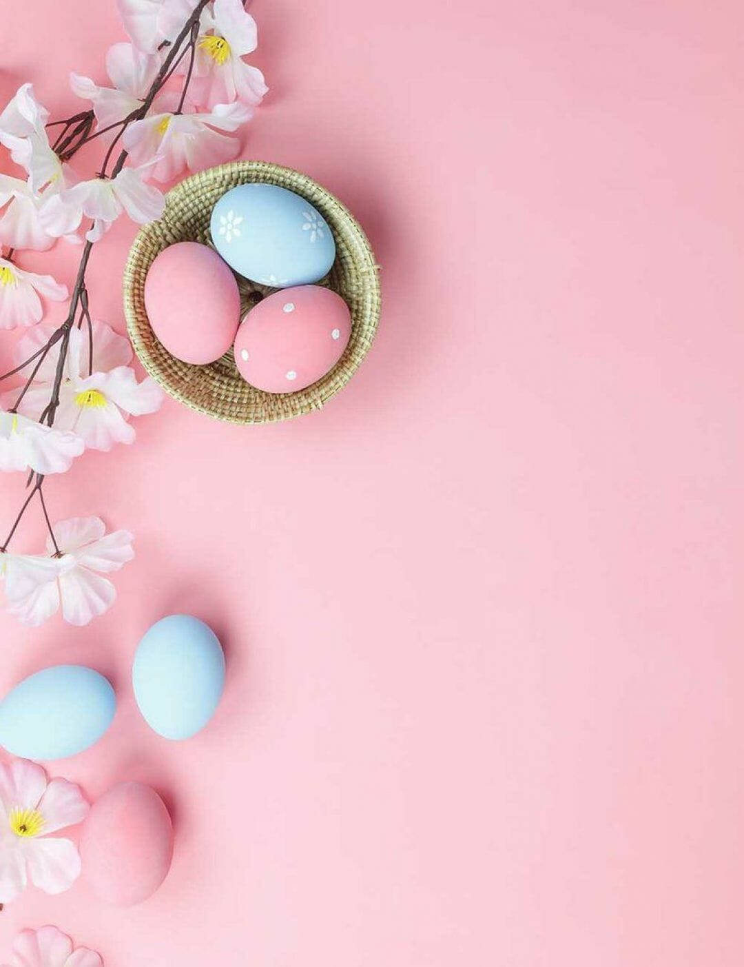 Easter Eggs On Pink Background With Cherry Blossoms Wallpaper