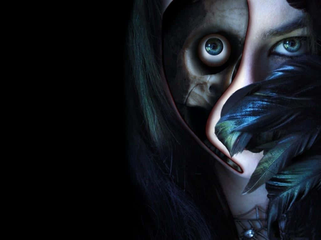 Eerie_ Masked_ Figure_with_ Feather Wallpaper