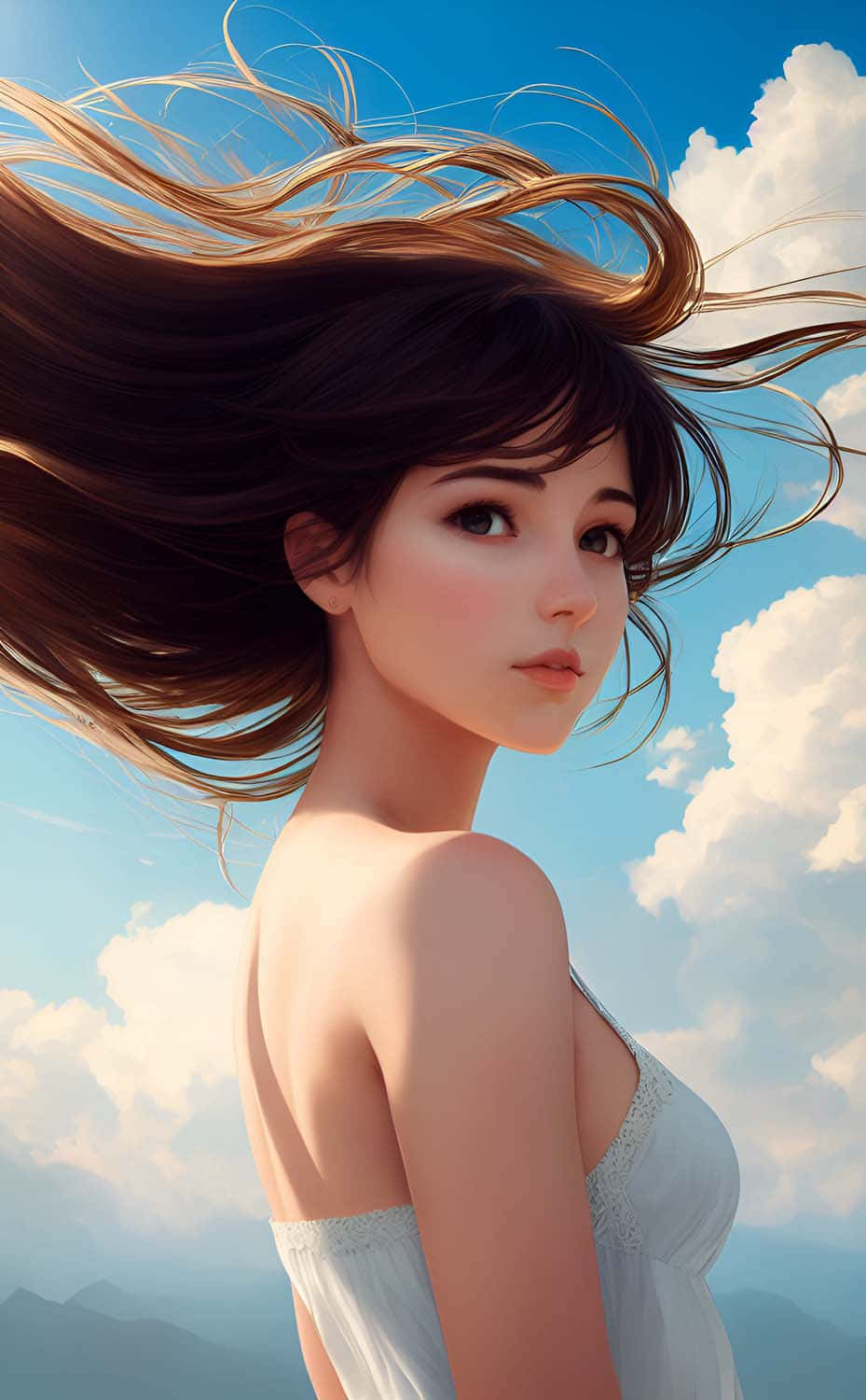 Elegant Woman Flowing Hair Sky Background Wallpaper
