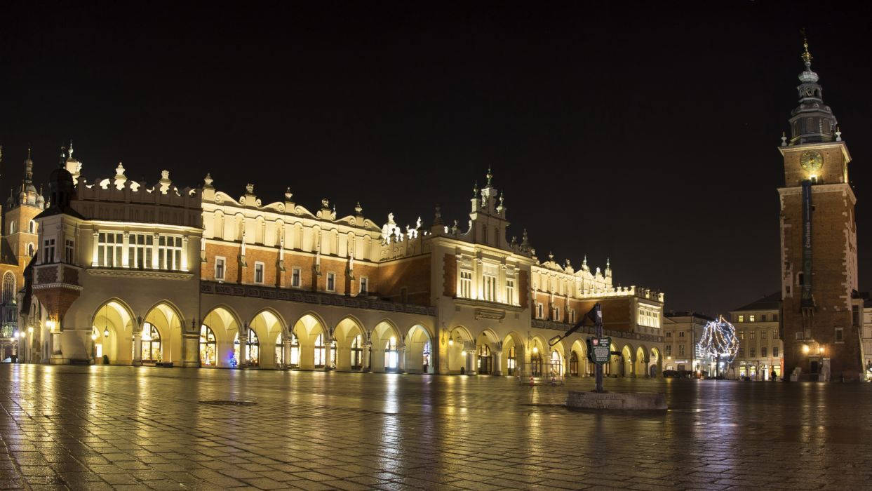 Empty Krakow Cloth Hall, Poland At Night Wallpaper