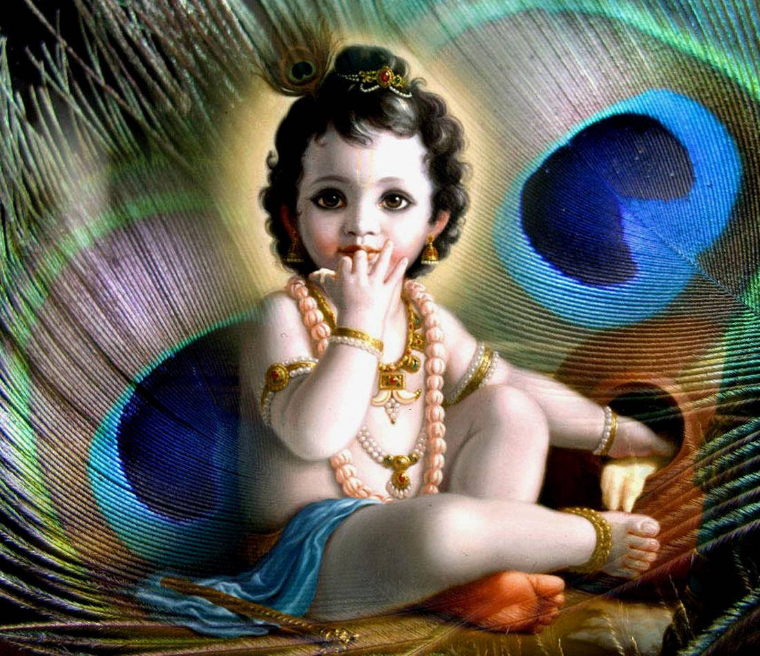 Enchanting Little Krishna In Hd - Adorned With Green And Blue Peacock Feathers Wallpaper