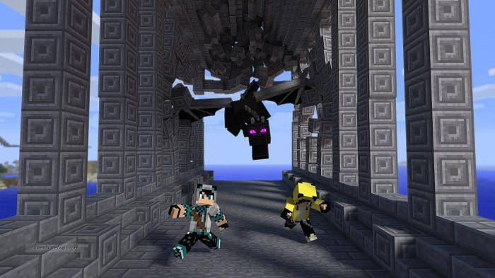 Epic Minecraft Players Running From Dragon Wallpaper