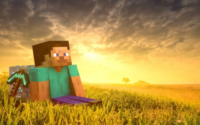 Epic Minecraft Sunset Steve Sitting Down Wallpaper