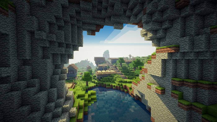 Epic Minecraft Village Near Cave Wallpaper