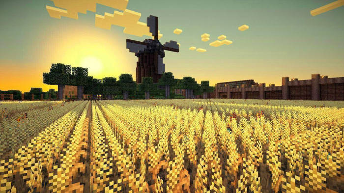 Epic Minecraft Windmill And Wheat Field Wallpaper