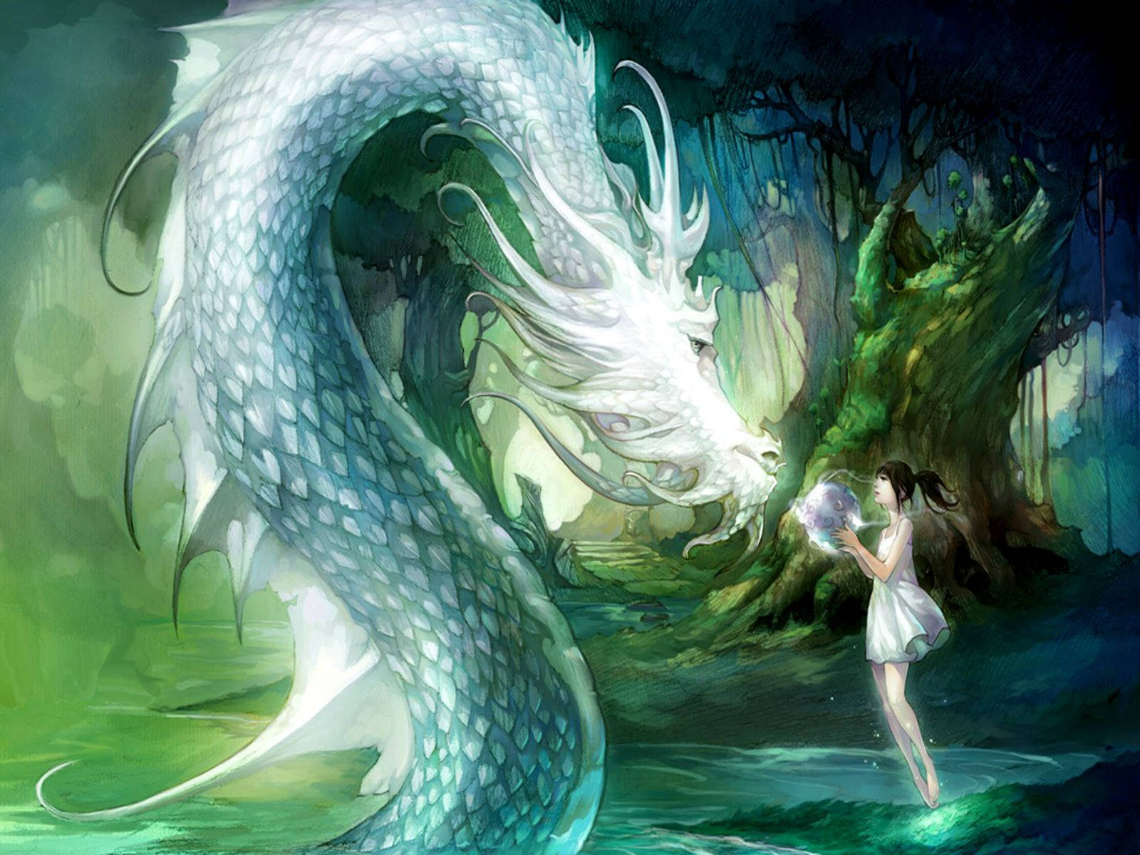 Fairy And Shining Green Water Dragon Wallpaper