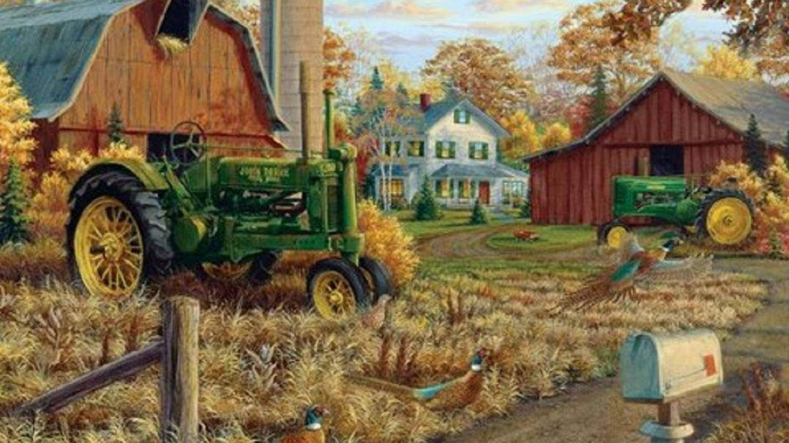 Farmhouse With Green Tractors Wallpaper