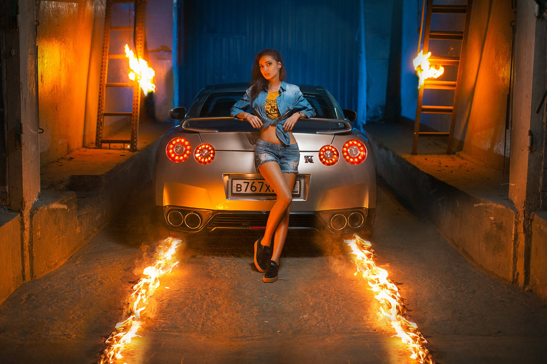 Fire Car In Garage With Woman Wallpaper
