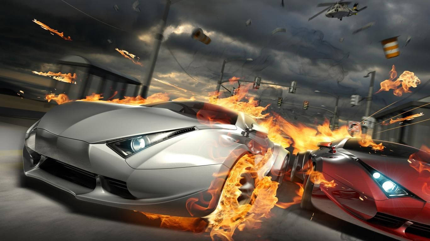 Fire Cars Escaping From Missiles Wallpaper