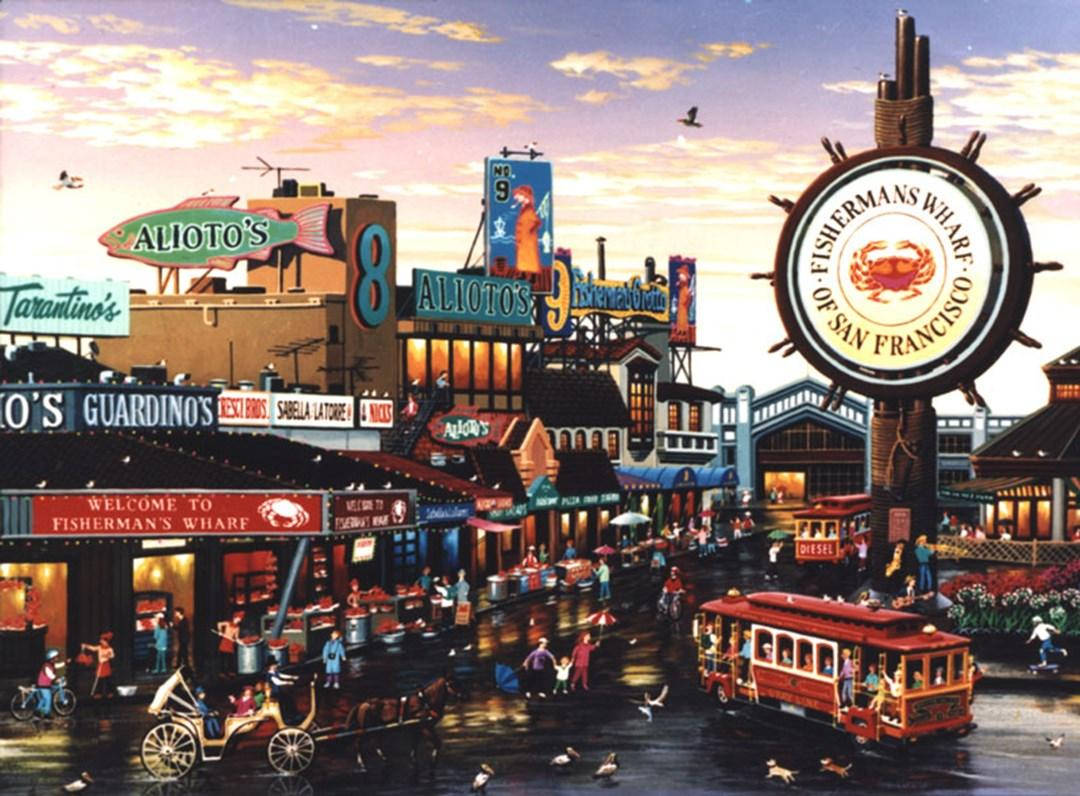 Fishermans Wharf Vintage-style Artwork Wallpaper