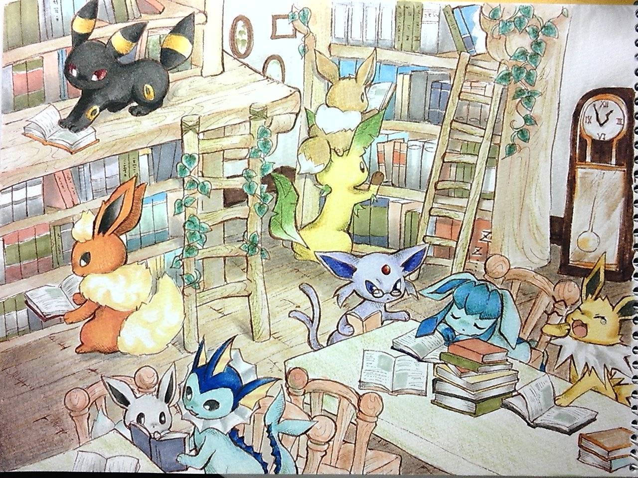 Flareon And Other Pokemon In The Library Wallpaper