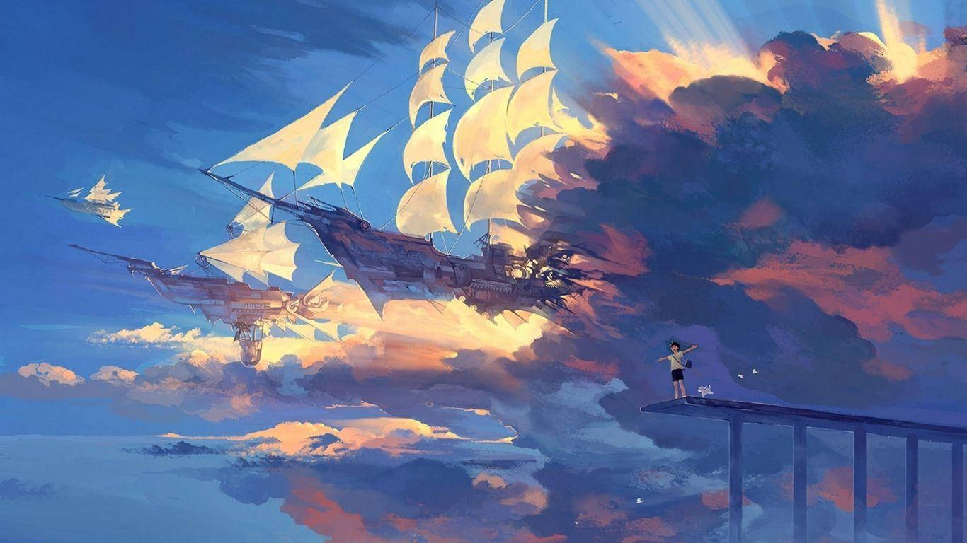 Flying Ships In The Sky Illustration Art Wallpaper