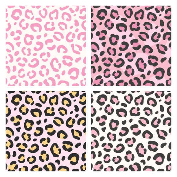 Four Leopard Print Patterns In Pink, Black And Yellow Wallpaper