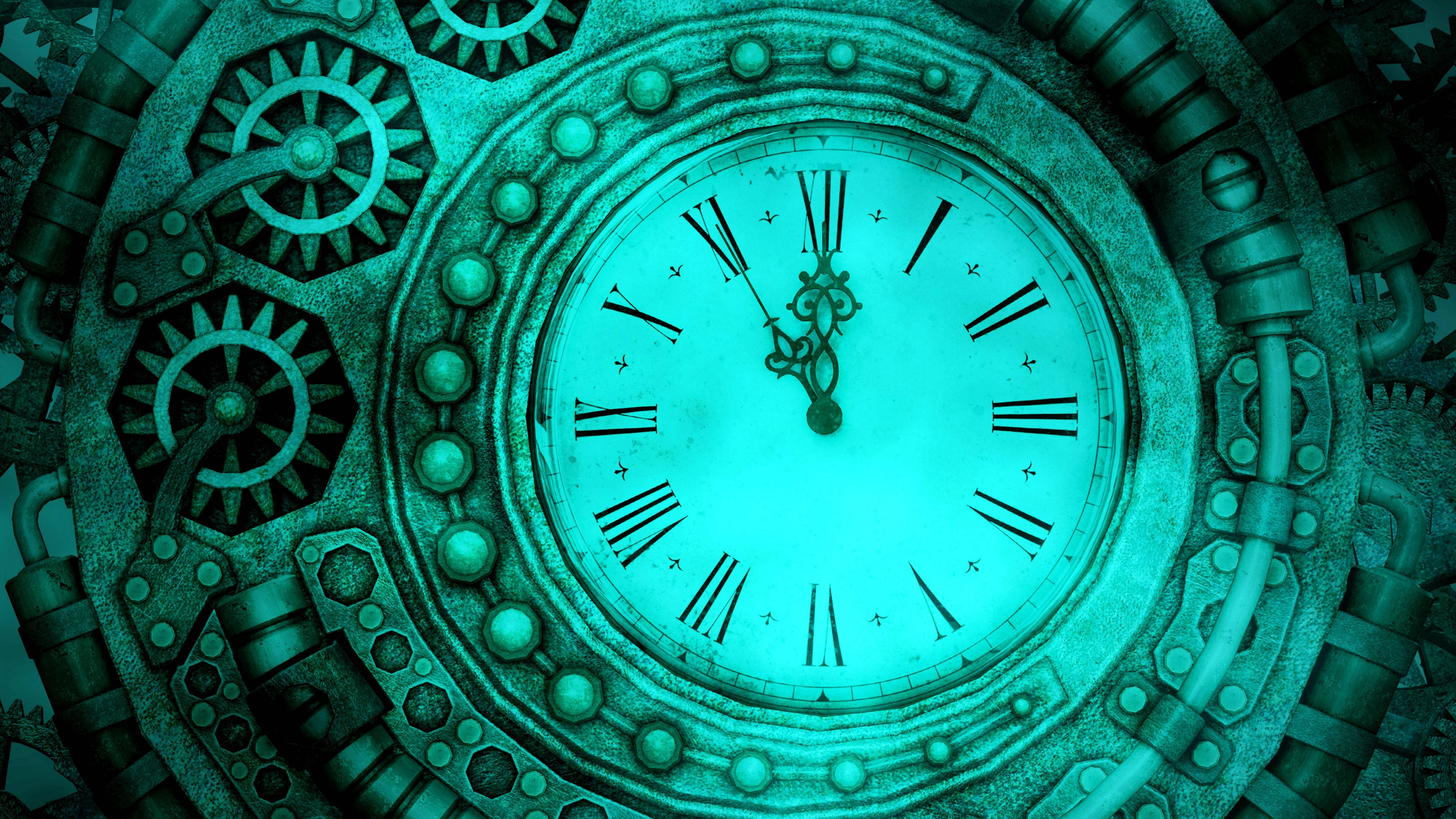 Full 4k Steampunk Blue Clock Wallpaper