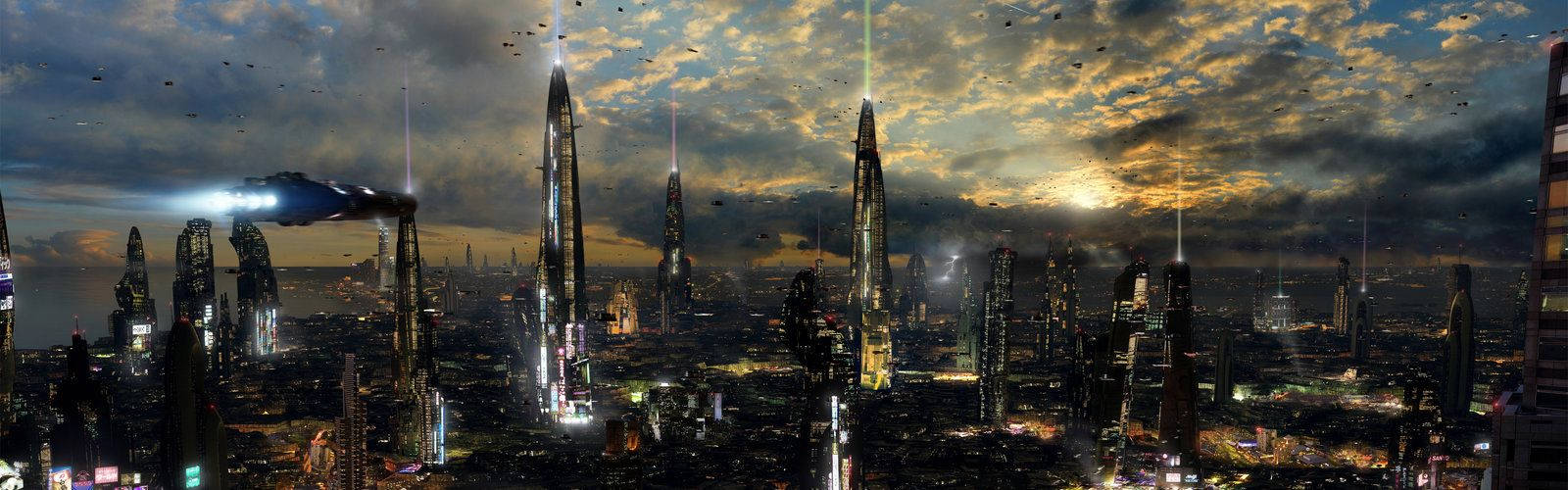 Futuristic City Cloudy Day Wallpaper